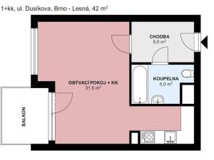 Pronájem bytu 1+kk, Brno, Dusíkova, 42 m2