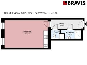 Pronájem bytu 1+kk, Brno, Francouzská, 32 m2