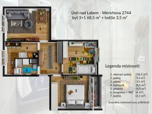 Pronájem bytu 3+1, Ústí nad Labem - Severní Terasa, Werichova, 61 m2
