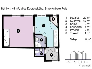 Pronájem bytu 2+kk, Brno, Dobrovského, 44 m2