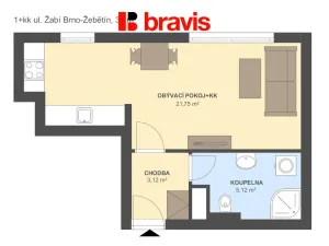 Pronájem bytu 1+kk, Brno - Žebětín, Žabí, 33 m2