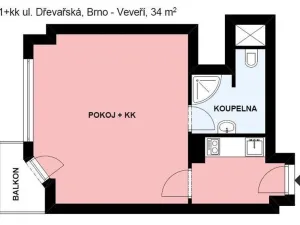 Pronájem bytu 1+kk, Brno - Veveří, Dřevařská, 34 m2