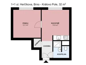 Pronájem bytu 1+1, Brno, Herčíkova, 32 m2