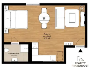 Pronájem bytu 1+kk, Třebotov, Hlavní, 36 m2