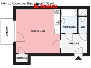 Pronájem bytu 1+kk, Brno, Kounicova, 32 m2