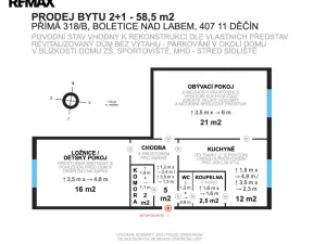 Prodej bytu 2+1, Děčín - Děčín XXXII-Boletice nad Labem, Přímá, 58 m2