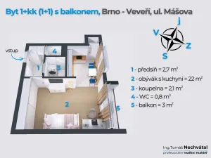 Prodej bytu 1+1, Brno - Veveří, Mášova, 30 m2