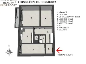 Pronájem bytu 3+1, Brno - Líšeň, Horníkova, 74 m2