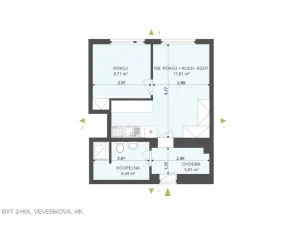 Pronájem bytu 2+kk, Hradec Králové, Veverkova, 36 m2