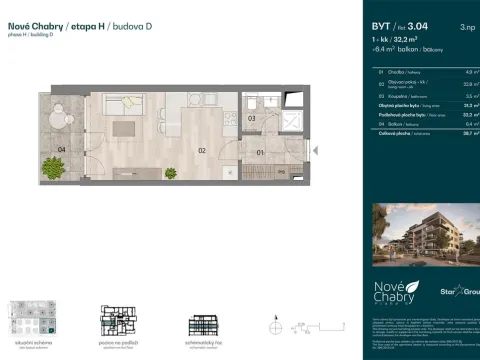 Prodej bytu 1+kk, Praha - Dolní Chabry, Bolebořská, 32 m2